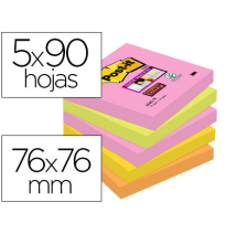 (75598) POST-IT BLOC DE NOTAS ADHESIVAS QUITA Y PON SUPER STICKY 76X76MM CON 90 HOJAS PACK DE 5 BLOCS COLORES SURTIDOS (7000528