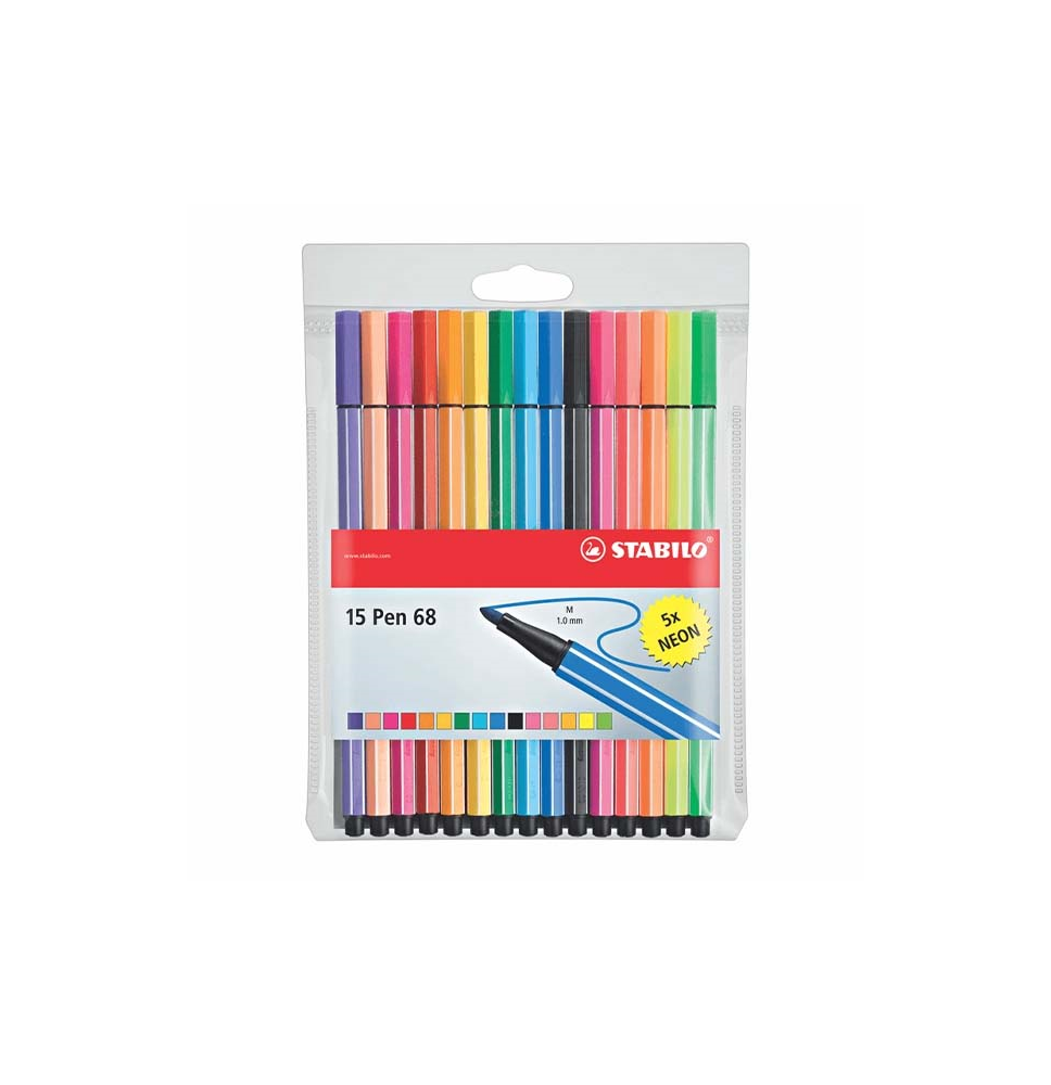 (78057) ROTULADOR STABILO ACUARELABLE PEN 68 ESTUCHE DE 10 COLORES ESTANDAR + 5 COLORES NEON (6815-2)