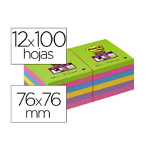 (74279) POST-IT BLOC DE NOTAS ADHESIVAS QUITA Y PON SUPER STICK ULTRA 76X76 MM PACK DE 12 BLOC VERDE ROSA AMARILLA (70005252062