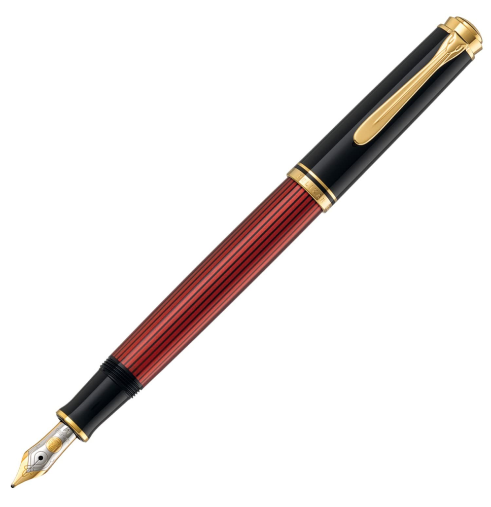 PELIKAN PLUMA ESTILOGRÁFICA M600 CUERPO NEGRO/ROJO. CLIPS Y ANILLOS BAÑADOS EN ORO. PLUMÍN BICOLOR DE ORO DE 14 KILATES. TRAZO 