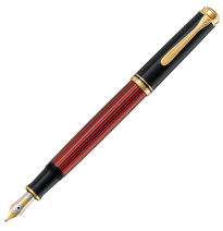 PELIKAN PLUMA ESTILOGRÁFICA M600 CUERPO NEGRO/ROJO. CLIPS Y ANILLOS BAÑADOS EN ORO. PLUMÍN BICOLOR DE ORO DE 14 KILATES. TRAZO 