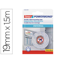 (62916) TESA CINTA ADHESIVA DOBLE CARA POWERBOND UNIVERSAL USO INTERIOR 1,5MX19MM (58565-00001-0)