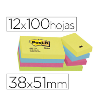 (29391) POST-IT BLOC DE NOTAS ADHESIVAS QUITA Y PON 38X51MM NEON PACK DE 12 BLOCS SURTIDO (FT510283532 / 653-TFEN)