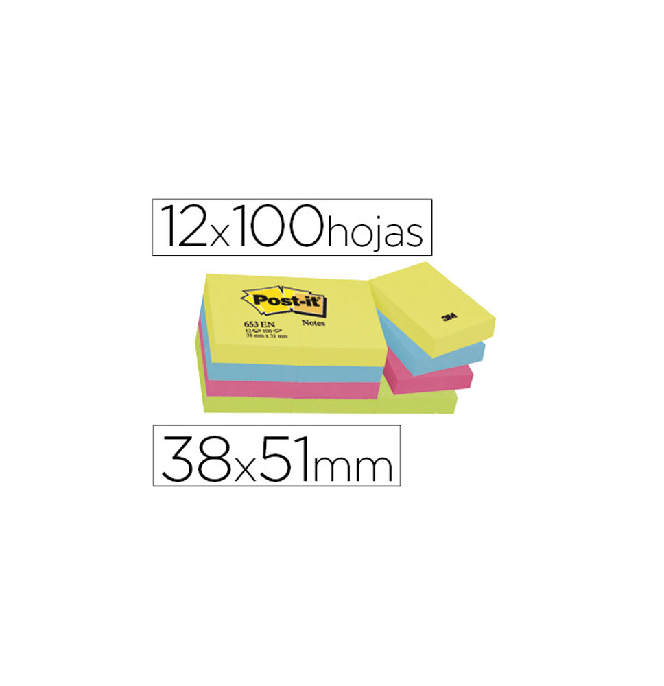 (29391) POST-IT BLOC DE NOTAS ADHESIVAS QUITA Y PON 38X51MM NEON PACK DE 12 BLOCS SURTIDO (FT510283532 / 653-TFEN)