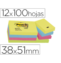 (29391) POST-IT BLOC DE NOTAS ADHESIVAS QUITA Y PON 38X51MM NEON PACK DE 12 BLOCS SURTIDO (FT510283532 / 653-TFEN)