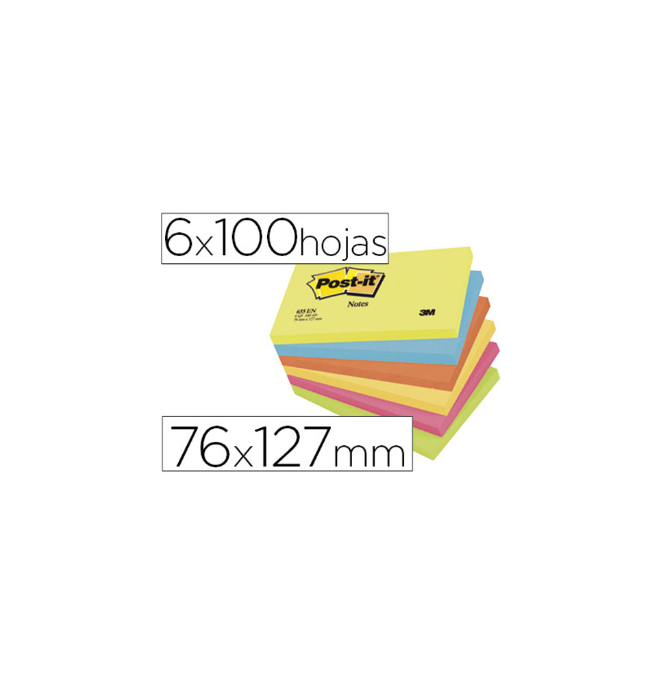 (29396) POST-IT BLOC DE NOTAS ADHESIVAS QUITA Y PON 76X127MM NEON PACK DE 6 BLOCS SURTIDO (FT510283557 - L655-N - 655-TFEN)