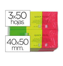 (34208) Q-CONNECT BLOC DE NOTAS ADHESIVAS QUITA Y PON 40X50MM NEON PACK DE 3 UNIDADES CON 50 HOJAS POR COLOR (KF01224)