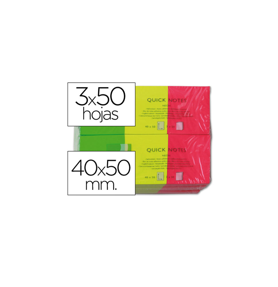 (34208) Q-CONNECT BLOC DE NOTAS ADHESIVAS QUITA Y PON 40X50MM NEON PACK DE 3 UNIDADES CON 50 HOJAS POR COLOR (KF01224)