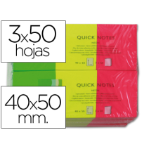 (34208) Q-CONNECT BLOC DE NOTAS ADHESIVAS QUITA Y PON 40X50MM NEON PACK DE 3 UNIDADES CON 50 HOJAS POR COLOR (KF01224)