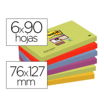 (75595) BLOC DE NOTAS ADHESIVAS QUITA Y PON POST-IT SUPER STICKY 76X127 MM CON 90 HOJAS PACK DE 6 BLOC COLORES SURTIDOS (700052