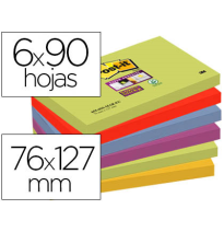 (75595) BLOC DE NOTAS ADHESIVAS QUITA Y PON POST-IT SUPER STICKY 76X127 MM CON 90 HOJAS PACK DE 6 BLOC COLORES SURTIDOS (700052