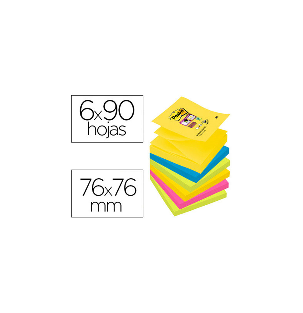 (75593) POST-IT BLOC DE NOTAS ADHESIVAS QUITA Y PON SUPER STICKY 76X76MM CON 90 HOJAS PACK DE 6 BLOC COLORES SURTIDOS (70005272