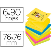 (75593) POST-IT BLOC DE NOTAS ADHESIVAS QUITA Y PON SUPER STICKY 76X76MM CON 90 HOJAS PACK DE 6 BLOC COLORES SURTIDOS (70005272