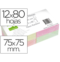 (28603) Q-CONNECT BLOC DE NOTAS ADHESIVAS QUITA Y PON 75X75MM CON 80 HOJAS FLUORESCENTES PACK DE 12 SURTIDAS EN 4 COLORES (KF10