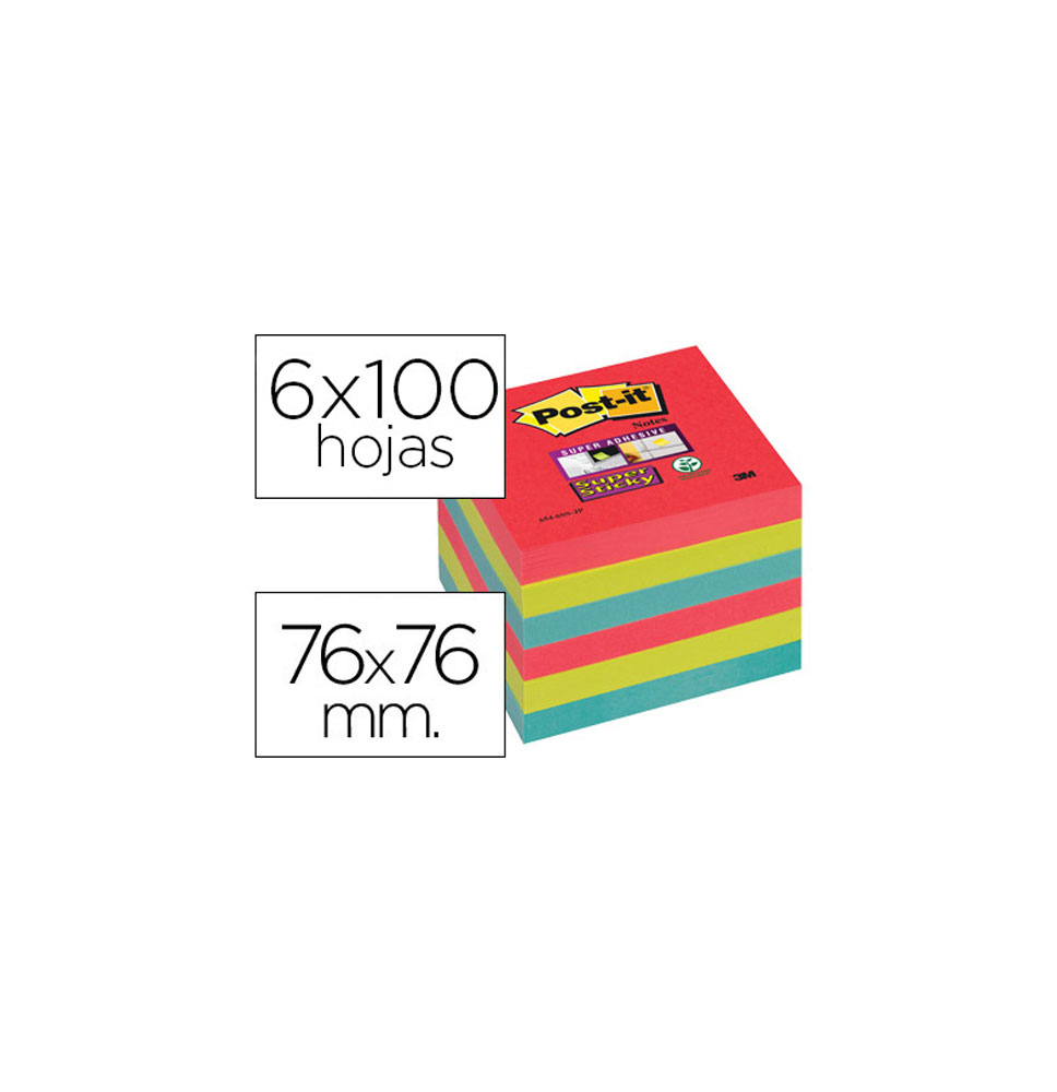 (72236) POST-IT BLOC DE NOTAS ADHESIVAS QUITA Y PON  SUPER STICKY 76X76MM CON 6 BLOC 2 ROJOS VERDE NEON AZUL (70005253458 - 654