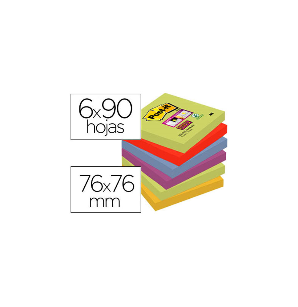 (75594) POST-ITBLOC DE NOTAS ADHESIVAS QUITA Y PON SUPER STICKY 76X76 MM CON 90 HOJAS PACK DE 6 BLOC COLORES SURTIDOS (70005251