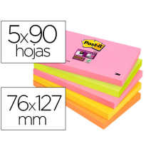 (75599) POST-IT BLOC DE NOTAS ADHESIVAS QUITA Y PON SUPER STICKY 76X127MM CON 90 HOJAS PACK DE 5 BLOC COLORES SURTIDOS (655S-N)