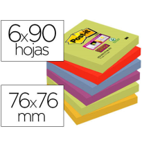 (75594) POST-ITBLOC DE NOTAS ADHESIVAS QUITA Y PON SUPER STICKY 76X76 MM CON 90 HOJAS PACK DE 6 BLOC COLORES SURTIDOS (70005251