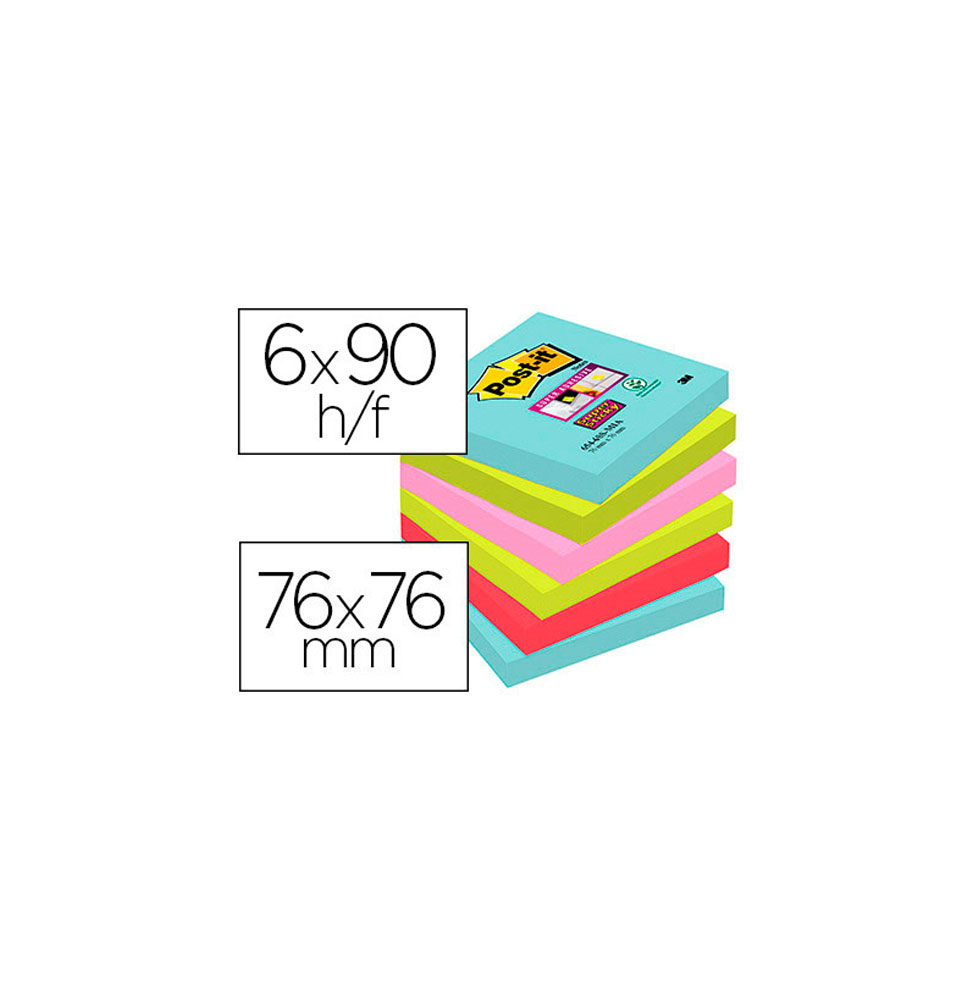 (63071) POST-IT BLOC DE NOTAS ADHESIVAS QUITA Y PON  SUPER STICKY 76X76 MM CON 90 HOJAS PACK DE 6 BLOCS COLORES SURTIDOS MIAMI 