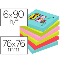 (63071) POST-IT BLOC DE NOTAS ADHESIVAS QUITA Y PON  SUPER STICKY 76X76 MM CON 90 HOJAS PACK DE 6 BLOCS COLORES SURTIDOS MIAMI 