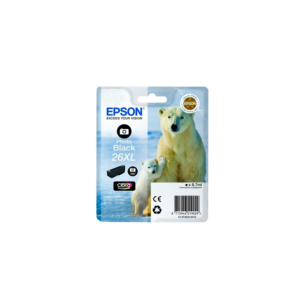 EPSON TINTA NEGRO FOTO CLARIA PREMIUM Nº 26XL 400PAG. (XP-510/520/600/625/700/720/800/810)