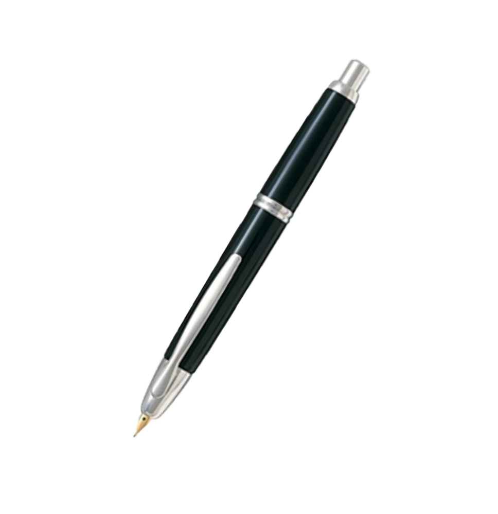 PILOT PLUMA ESTILOGRÁFICA RETRÁCTIL CAPLESS 1500 NEGRA. CUERPO DE RESINA. PLUMÍN DE ORO DE 18 KILATES. ANILLO, CLIP Y DETALLES B